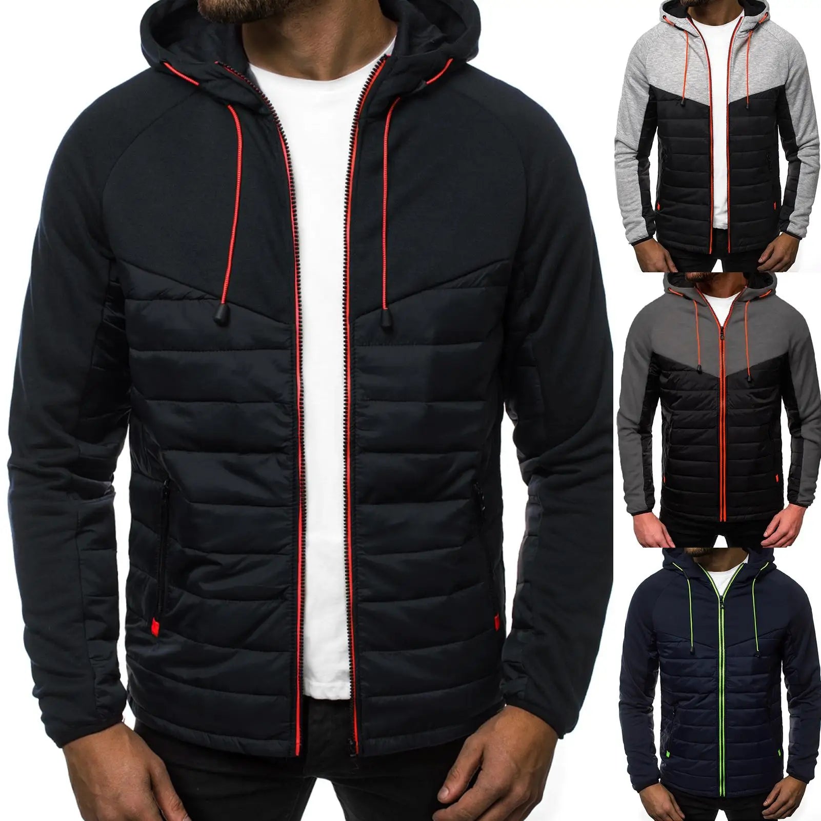 Autumn Winter Jacket Men Color Block Zipper Hooded Jackets Male Coat Casual Warm Mens Jacket Hooded Coat Men Jacket veste homme